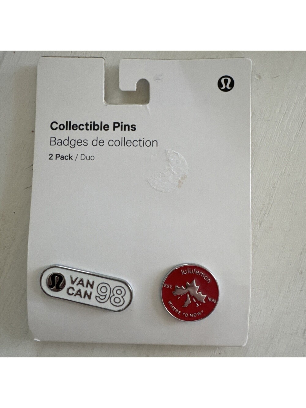 LULULEMON COLLECTIBLE PINS PACK OF TWO PINS WHITE AND RED COLOR ONE SIZE NWT